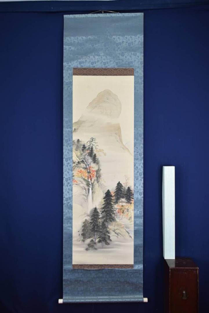 【真作】竹嶺/秋景山水図/掛軸☆宝船☆AA-971