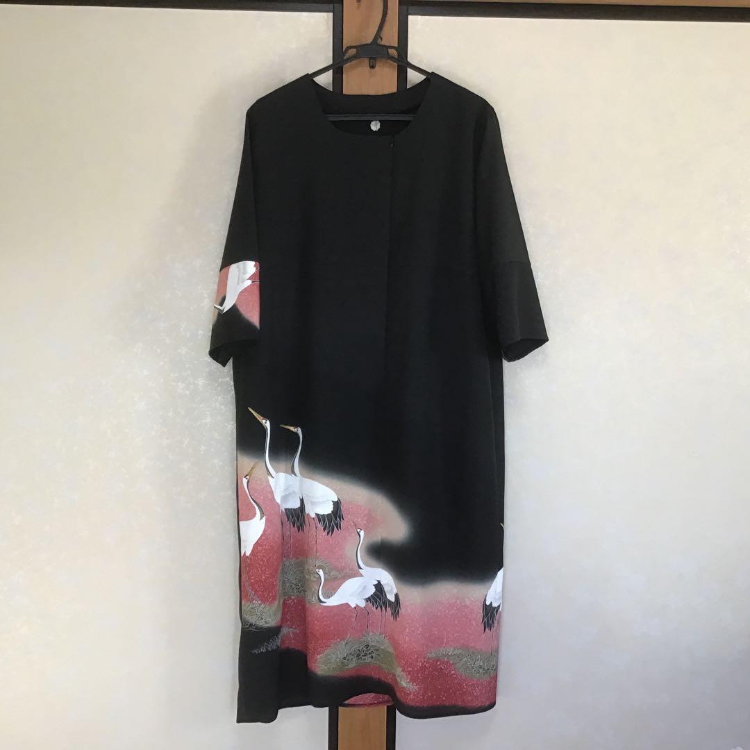 留袖リメイクワンピース❣️郡鶴　一部刺繍4L 着丈126