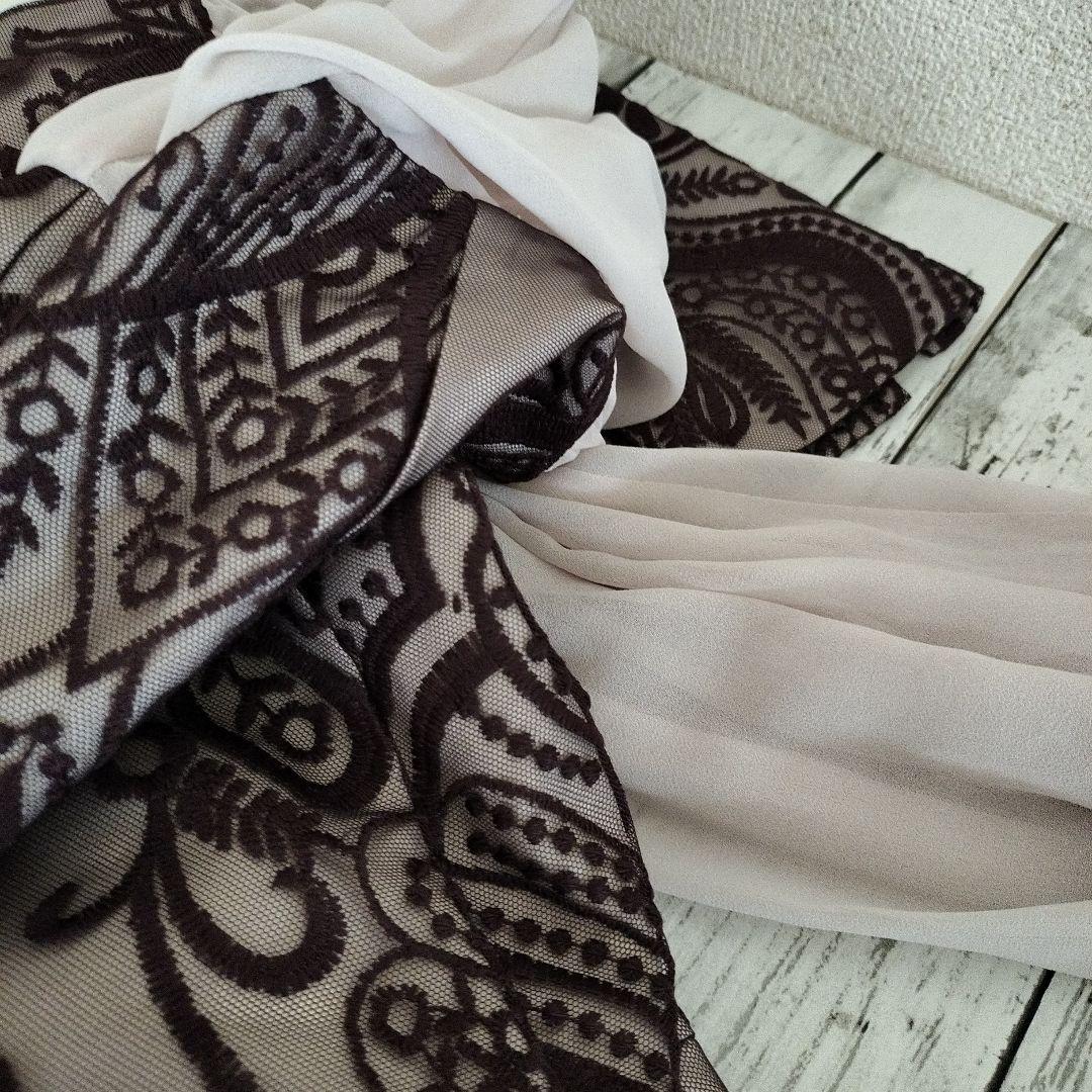 新品ANDRESDパーティードレス S ダークブラウンレースダマスクギャザー刺繍