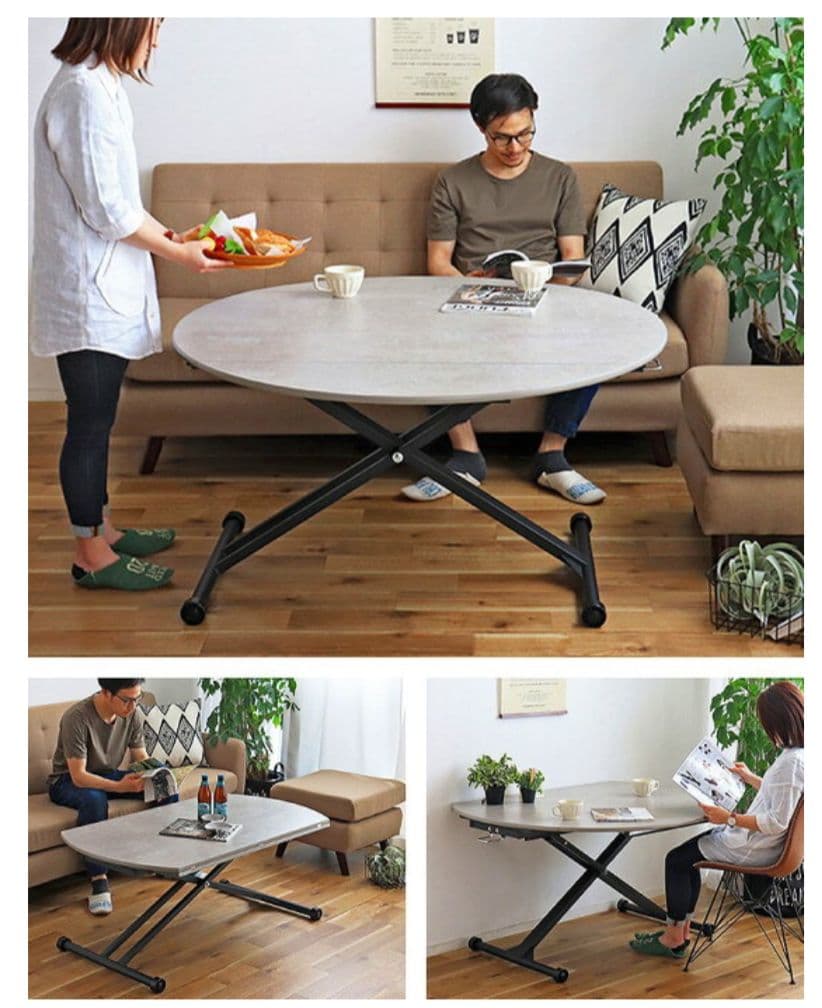 ダイニングテーブル 昇降式 円形 幅120cm グレー×黒