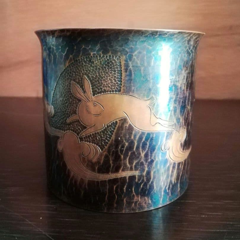 逸品　玉川堂　鎚起銅器　兎図紋　蓋物　小物入れ　煙草入れ　和骨董　アンティーク