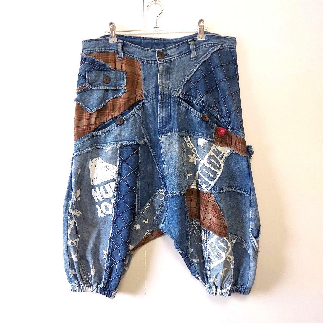 エルロデオ ELRODEO パッチワーク デニムダンガリー サルエルパンツ 青