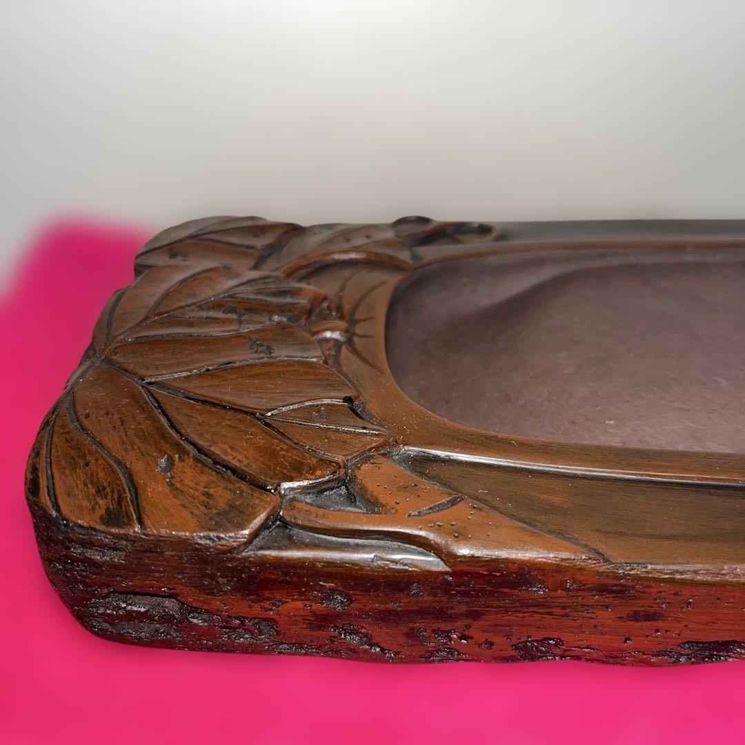 ⭕️赤間硯 龍泉堂 正隆 阿野硯製作所 蔦葉と蔓彫刻硯 珍しく縁内側高