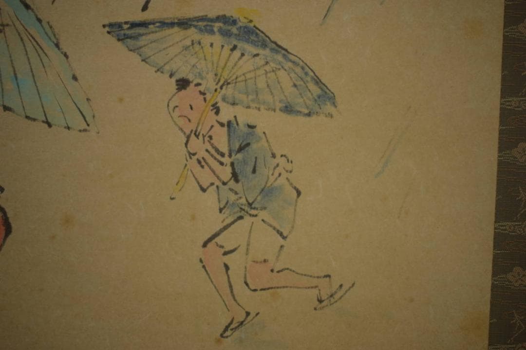 真作/晴夫/人物傘画句/小林一茶の句/布袋屋掛軸HI-737