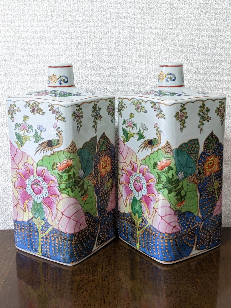 ♦中国陶磁 華栄堂製 粉彩花鳥紋様壺 瓶 花瓶 置物飾り ディスプレイ骨董品