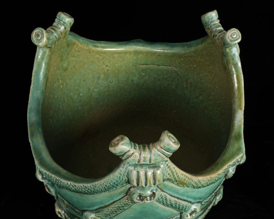 富久窯 井上富三】縄文写花瓶 共箱 高さ37㎝ 緑釉