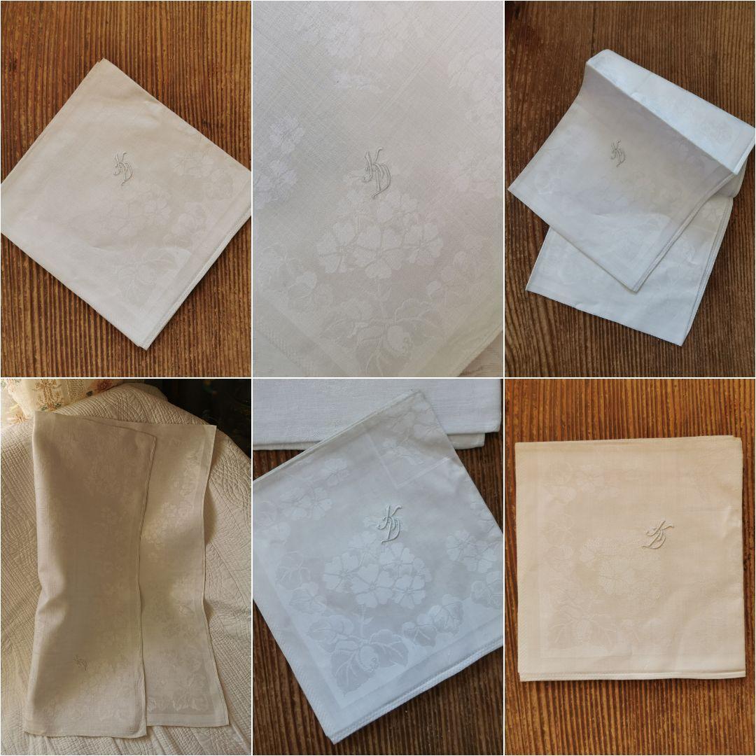 アンティーク ダマスク織 リネン 桜草 プリムラ 紫陽花風 イニシャル