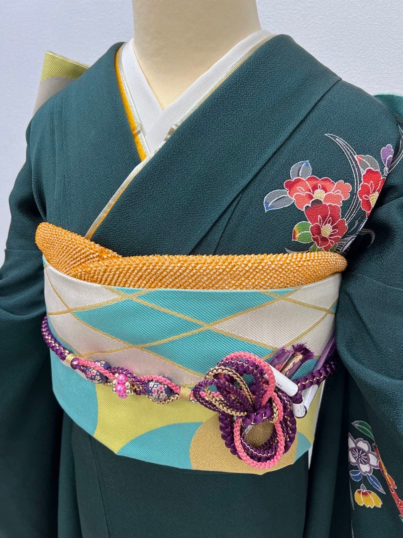 振り袖 フルセット 浜ちりめん 別誂長襦袢 深緑 個性的 友禅 成人式