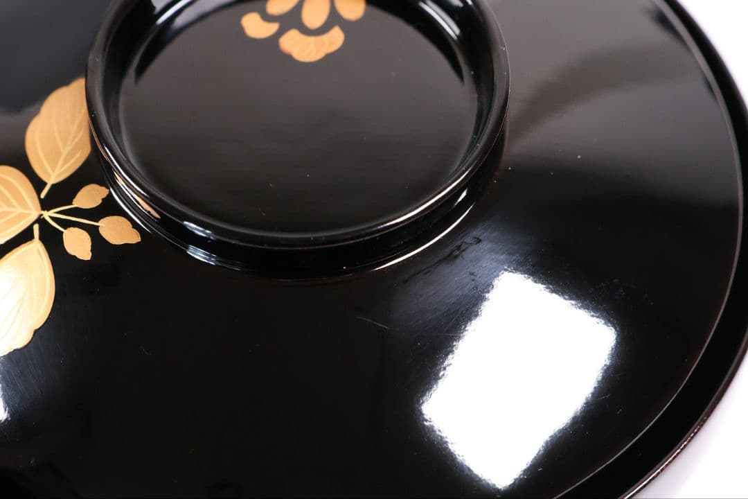 【CM402】天然木漆塗 菊桐鳳凰金蒔絵 黒塗 吸物椀 五客 昭和期 木製漆器