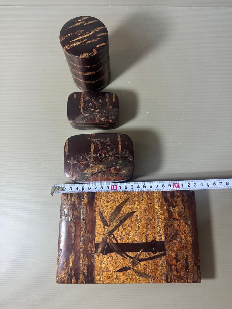 2354 桜皮細工 樺細工 蓋型小物入れ3客 茶入1客の通販はau PAY