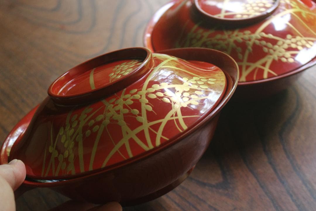 デッドストック！時代朱漆に極上稲穂雀蒔絵の映える大椀2点（検