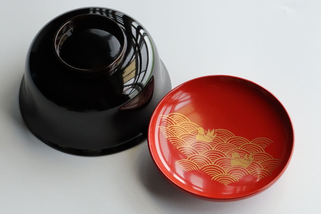 CK82 塗師 辻石斎 盃蓋吸物椀 四客 朱塗 黒塗 波に鳥 金蒔絵 木製漆器