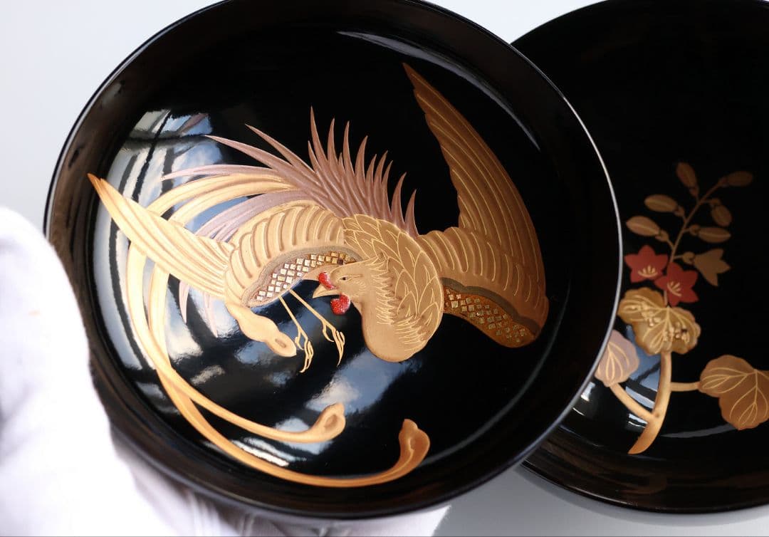 【CM403】天然木漆塗 菊桐鳳凰金蒔絵 黒塗 吸物椀 1客 昭和期 木製漆器