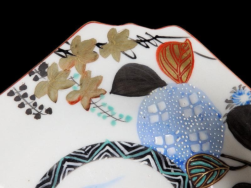 九谷 色絵 草花に蝶の図 角皿 5枚 D597A- BCp