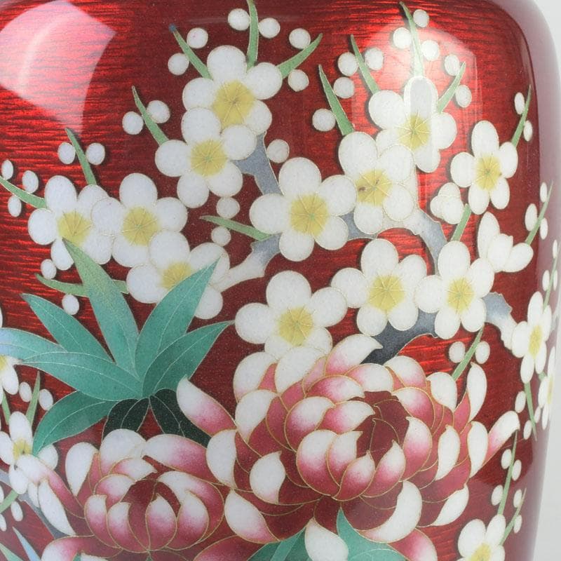 七宝焼 赤透釉 四君子文 花瓶 V 9699A