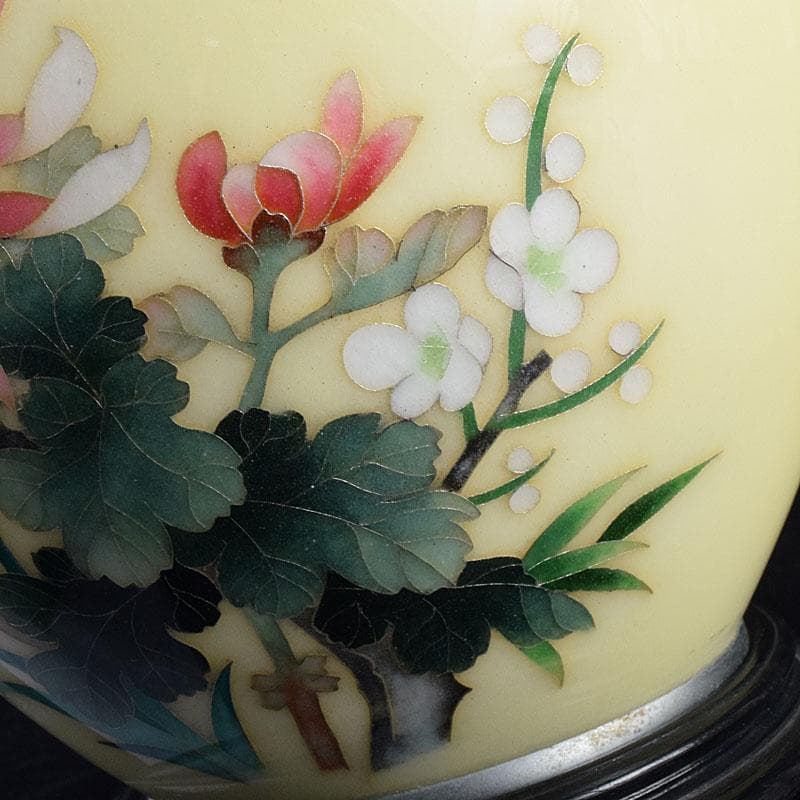 七宝焼 林武生作 黄地 四君子文 花瓶 共箱 M R9341H