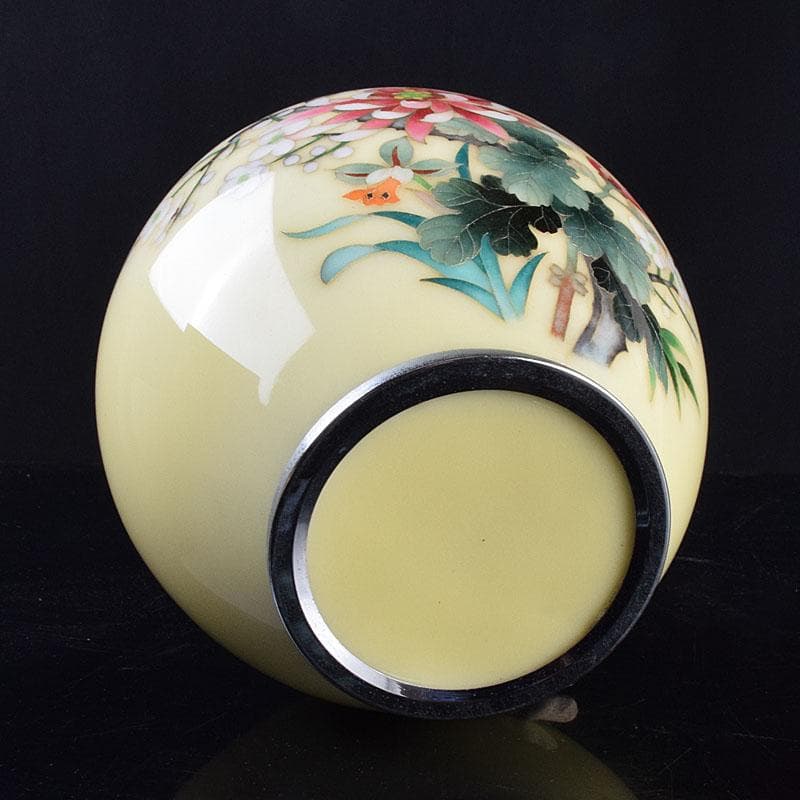 七宝焼 林武生作 黄地 四君子文 花瓶 共箱 M R9341H