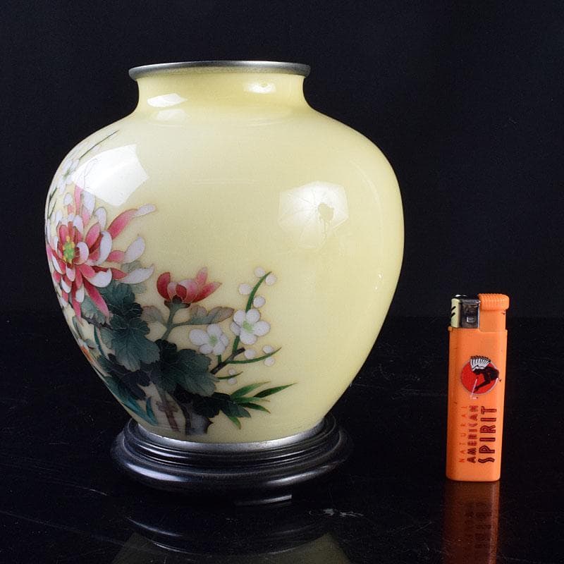 七宝焼 林武生作 黄地 四君子文 花瓶 共箱 M R9341H