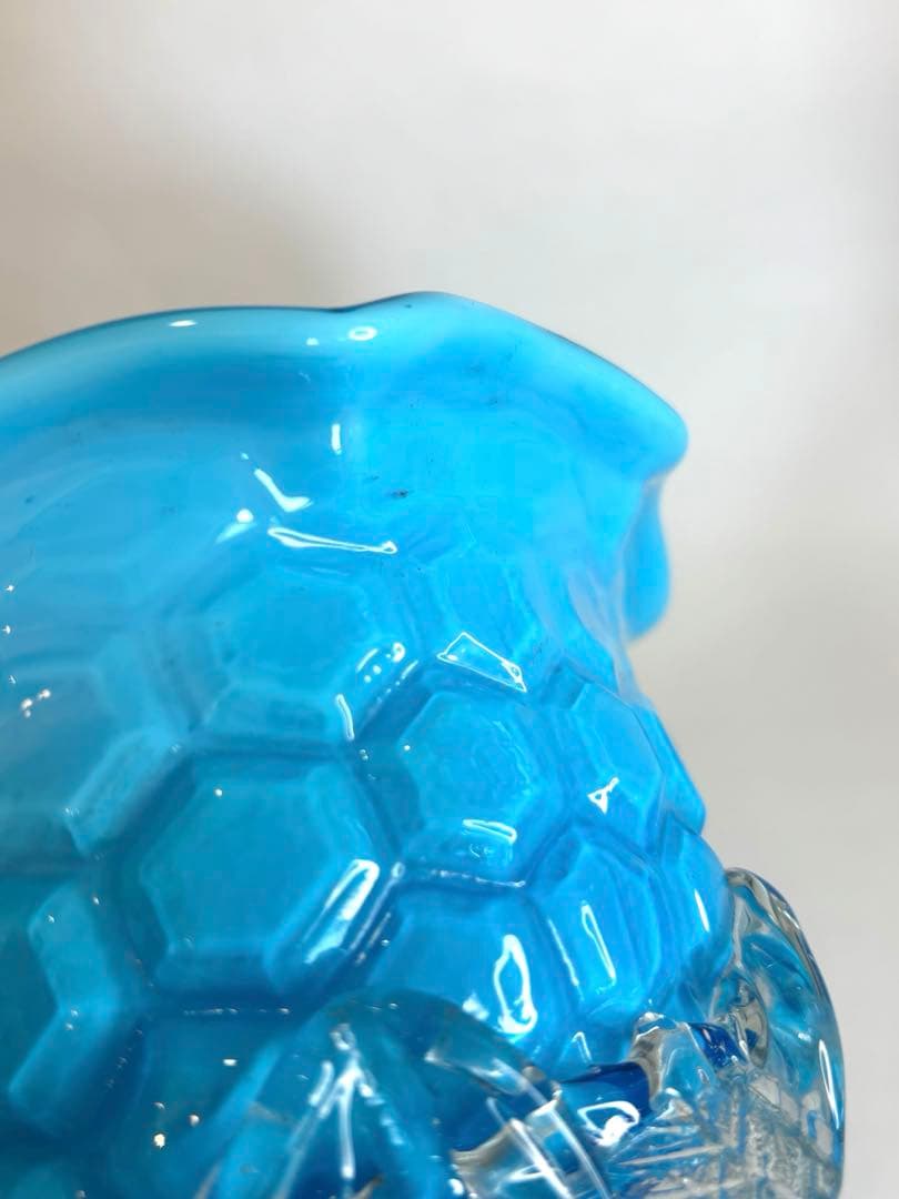 昔ガラス アンティーク 花縁 フリル 亀甲紋様 ガラス コンポート ブルー