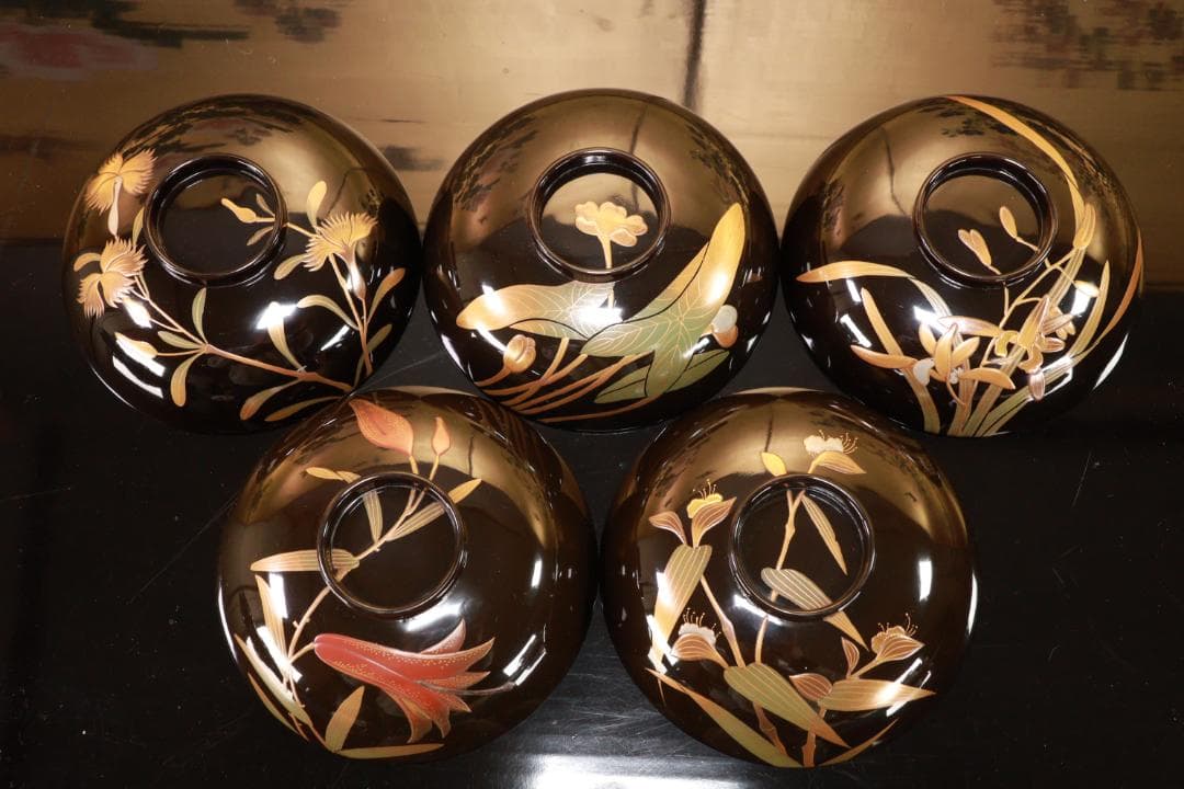 Akiko様専用 輪島塗 図替わり 草花蒔絵 吸物椀 五客 木製 BJ118