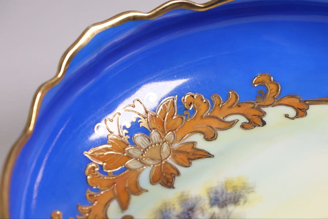 【CM310】オールドノリタケ 風景 白鳥 三足鉢 皿 湖畔 金盛 青 明治