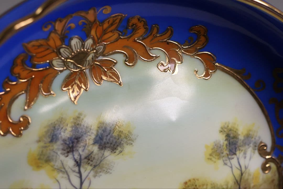 【CM310】オールドノリタケ 風景 白鳥 三足鉢 皿 湖畔 金盛 青 明治