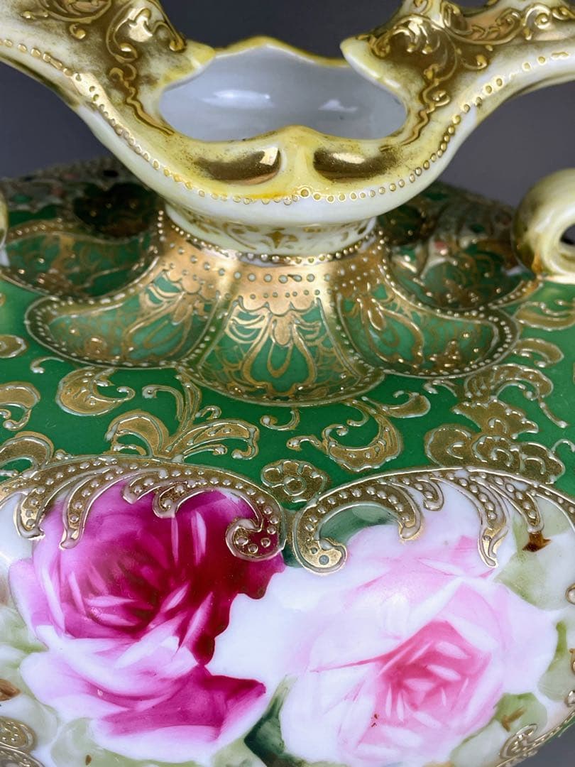 美品】オールドノリタケ ジュエル 翠地金盛り蝶 薔薇紋花瓶 ジュール