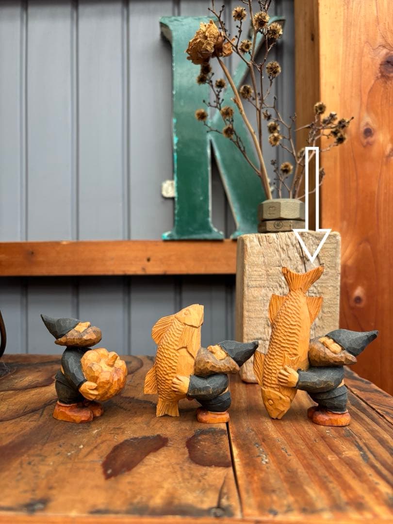 藤岡孝一 木彫 ポルックス 小人 魚を抱える小人 a 北海道作家 彫刻