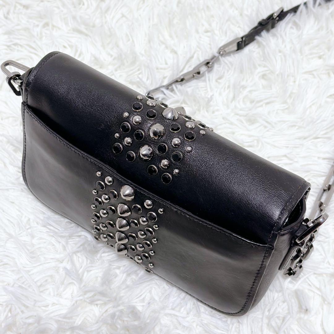 ミュウミュウ ショルダーバッグ チェーン スタッズ シルバー金具 レザー 黒