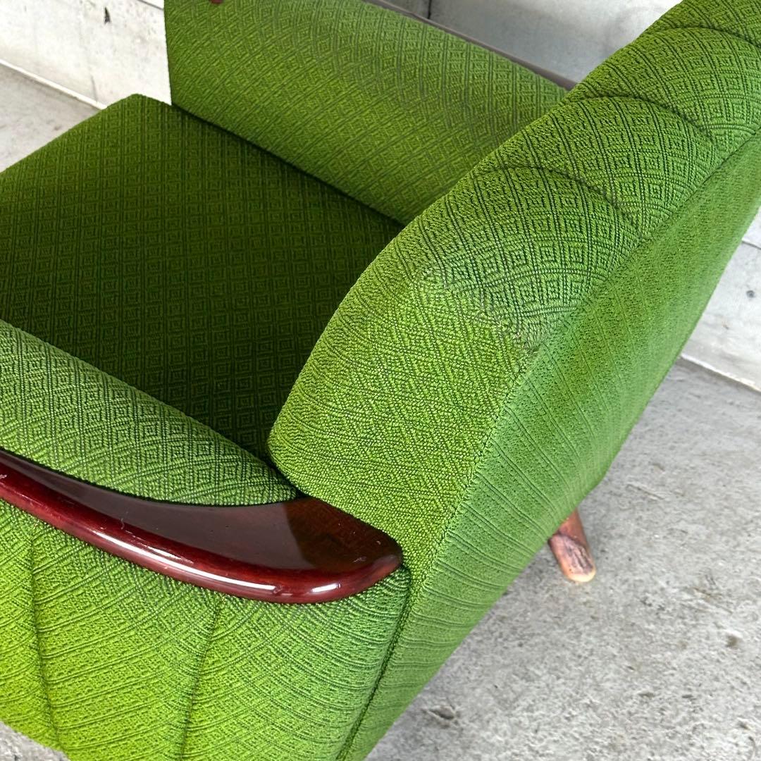 ✦70S✦ 昭和モダン 深緑ファブリック 木肘一人掛けチェア レトロ