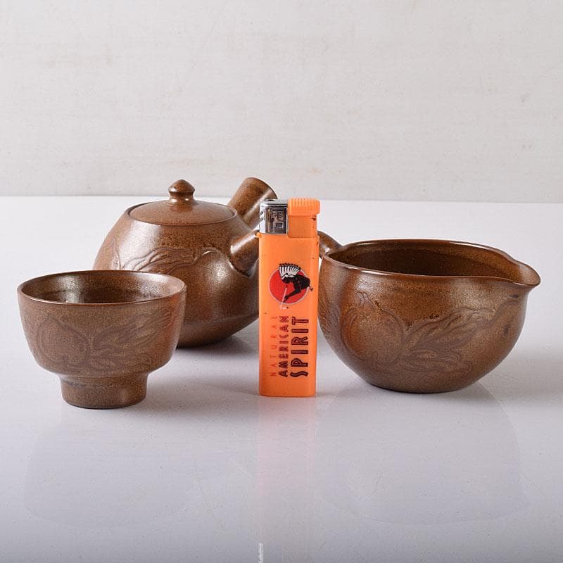 佐渡無名異焼 藤井波山造 朱泥 茶碗五客 急須 湯冷 茶器揃 共箱 VR8436