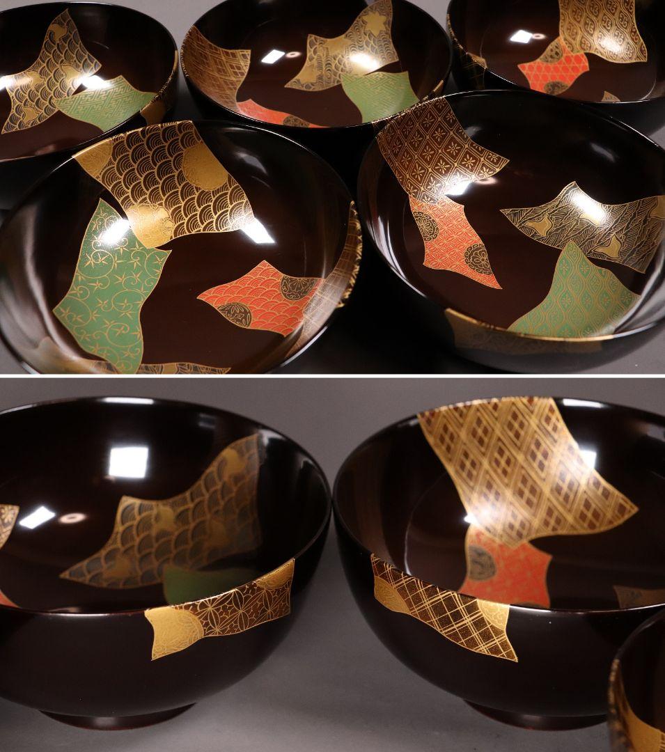 天然木漆塗 小紋伝統柄 蒔絵椀 五客 木箱入 黒塗 木製漆器 汁椀【CL65】