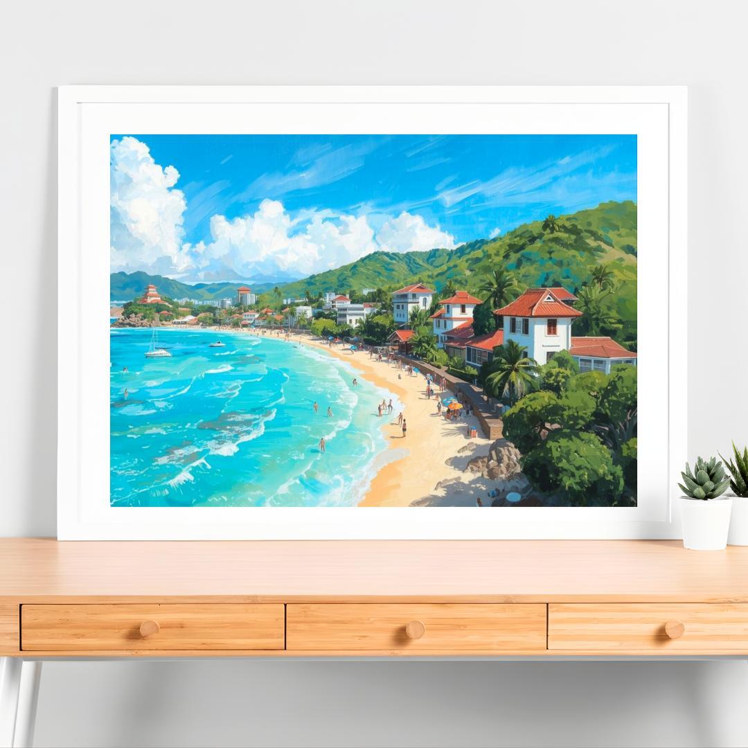 A4 赤瓦屋根と南国の海岸線が織りなす夏色風景画アート インテリア