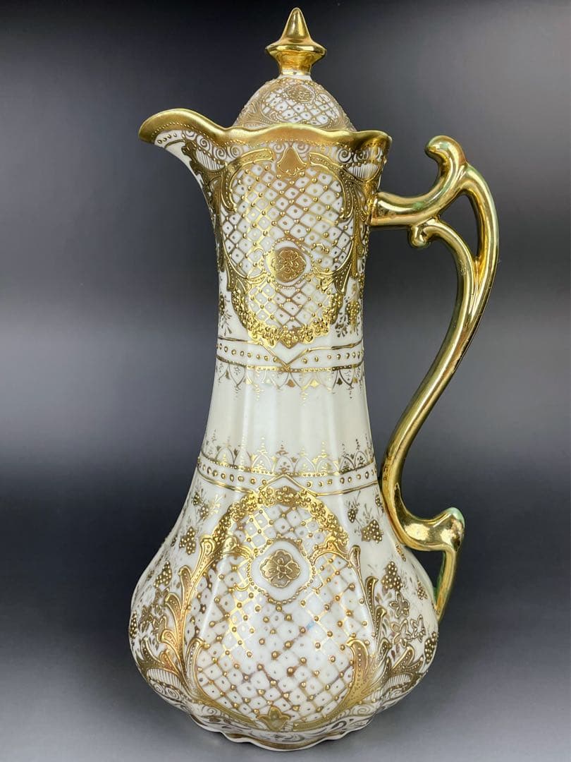 【大型31cm】オールドニッポン アールヌーボー様式 金盛り チョコレートポット 大型31cm】オールドニッポン アールヌーボー様式 金盛り チョコレート