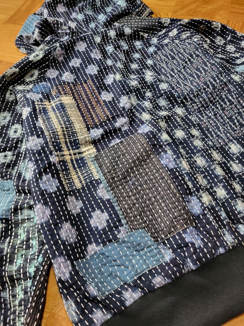 め0129古布リメイク木綿絣襤褸柿渋染め刺し子リバーシブルパ－カーハンドメイド