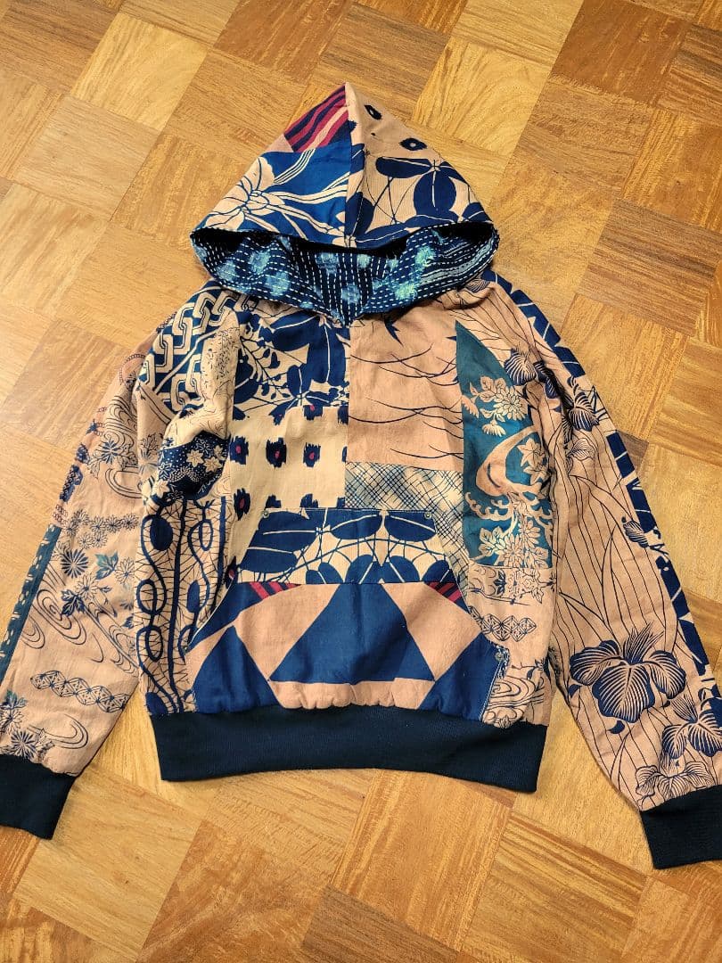 め0129古布リメイク木綿絣襤褸柿渋染め刺し子リバーシブルパ－カーハンドメイド