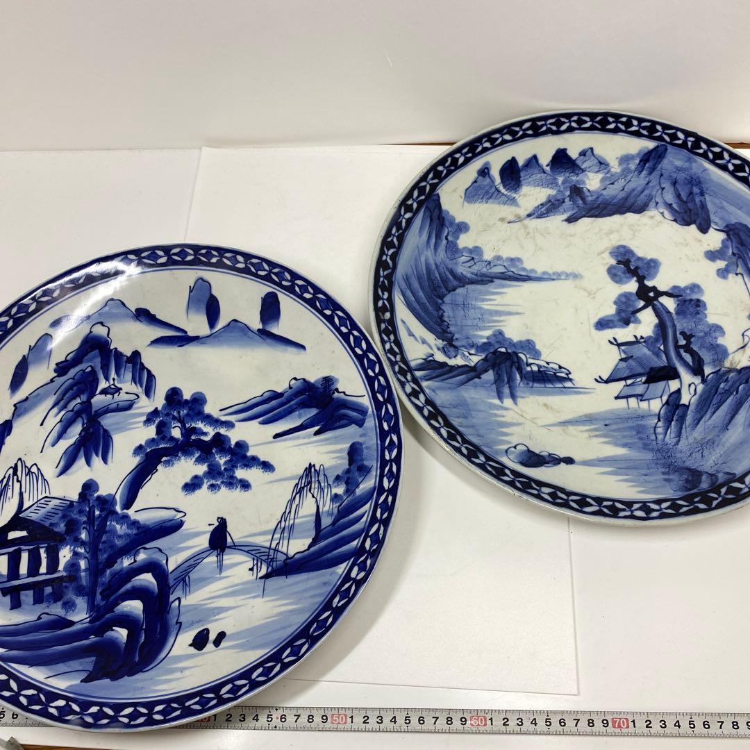 古伊万里　染錦　染付大皿4枚　美人画木箱付　タニコ　東さ7-0626⑥