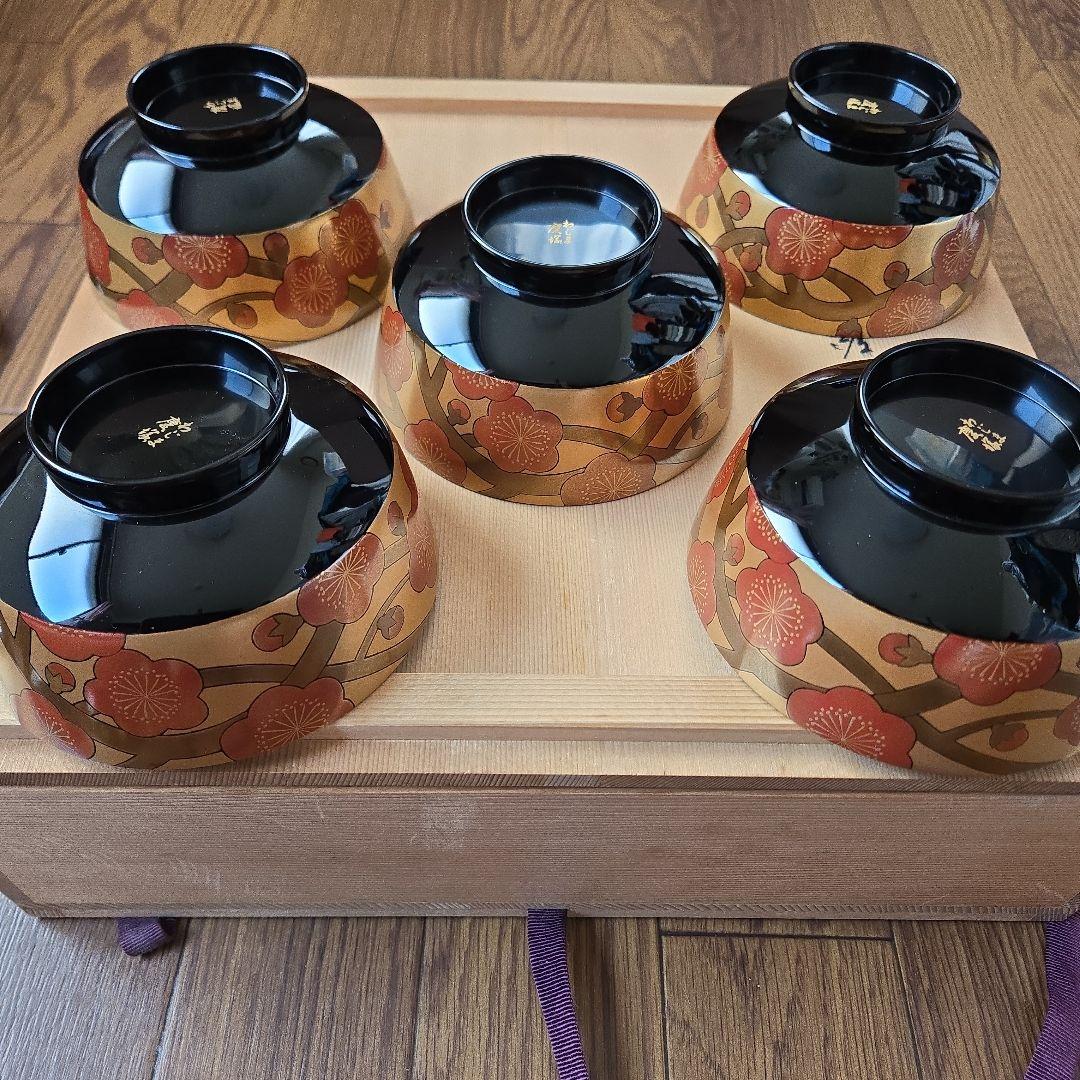 伝統工芸 輪島塗漆器 豪華梅柄蒔絵 吸い物椀 5客セット