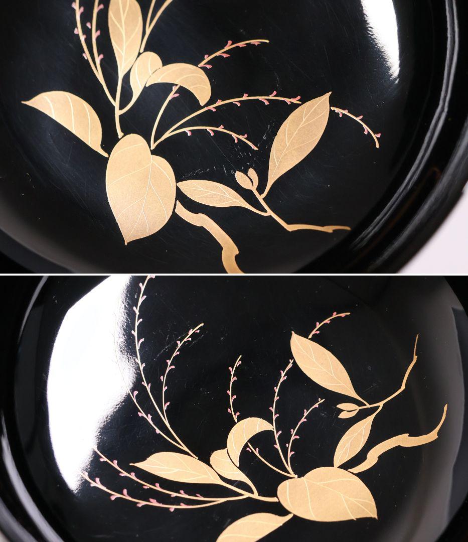 MB188】天然木漆塗 紫陽花と葵 金蒔絵 螺鈿入 黒塗 煮物椀 二客 昭和期