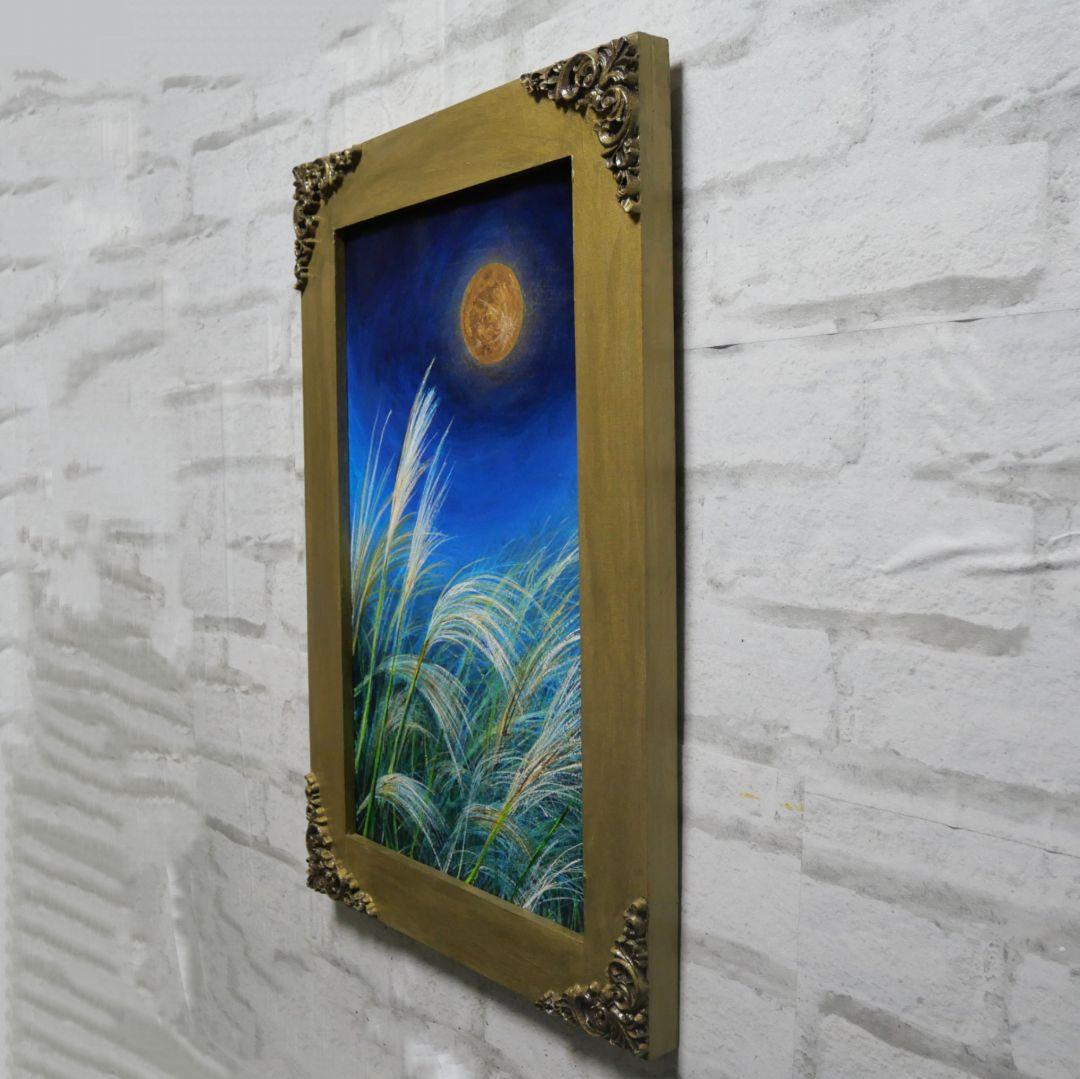 油絵 原画「十五夜の黄金の月」北欧 モダン アートパネル 額装 風景画 壁掛け