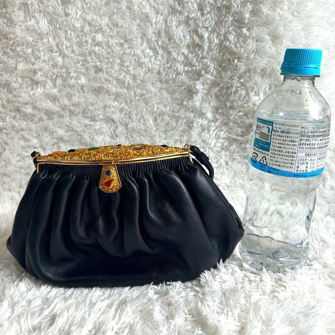 【美品】ハマノ ハンドバッグ サンピエトロ がま口 ビジュー ブラック　レザー