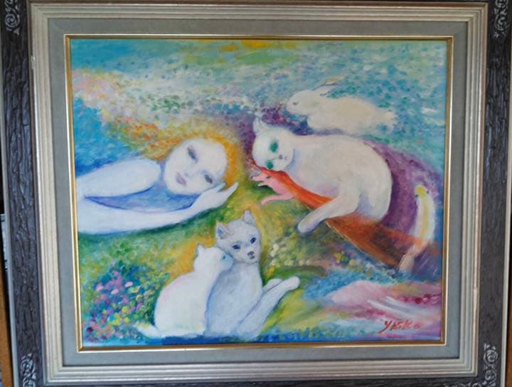 絵画　長嶺ヤス子　作　油絵 長嶺ヤス子 猫 油絵 額付 美品 長嶺ヤス子猫 油絵額付美品