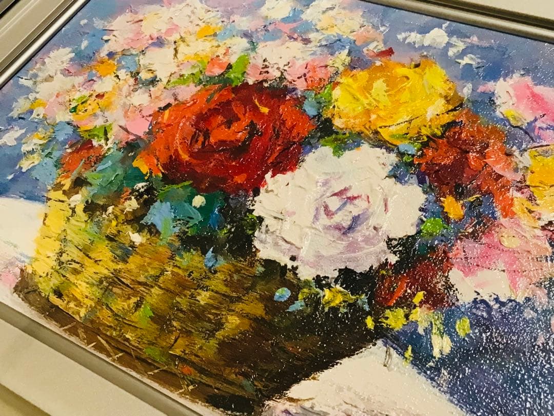 銀座中央画廊 酒井健吉 『盛花』真作保証 油彩画 SM号 日本美術家連盟 額装