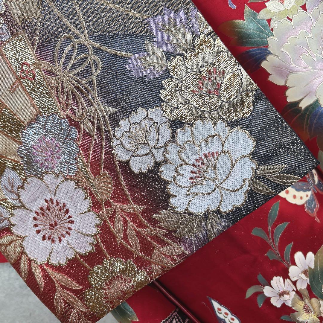 振袖 フルセット 正絹 赤 黒 華やか ボタン 古典柄 かっこいい系 k3