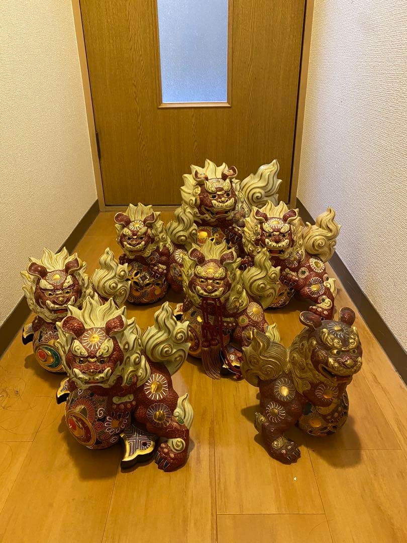 陶器製 獅子像 7体セット 九谷焼 藤木美里 金彩九谷焼『牡丹獅子』青