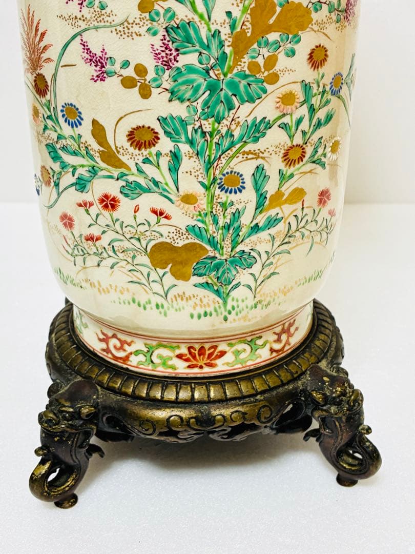 明治 薩摩焼 京薩摩 9代帯山与兵衛 上絵金彩色絵草花文象耳付花瓶