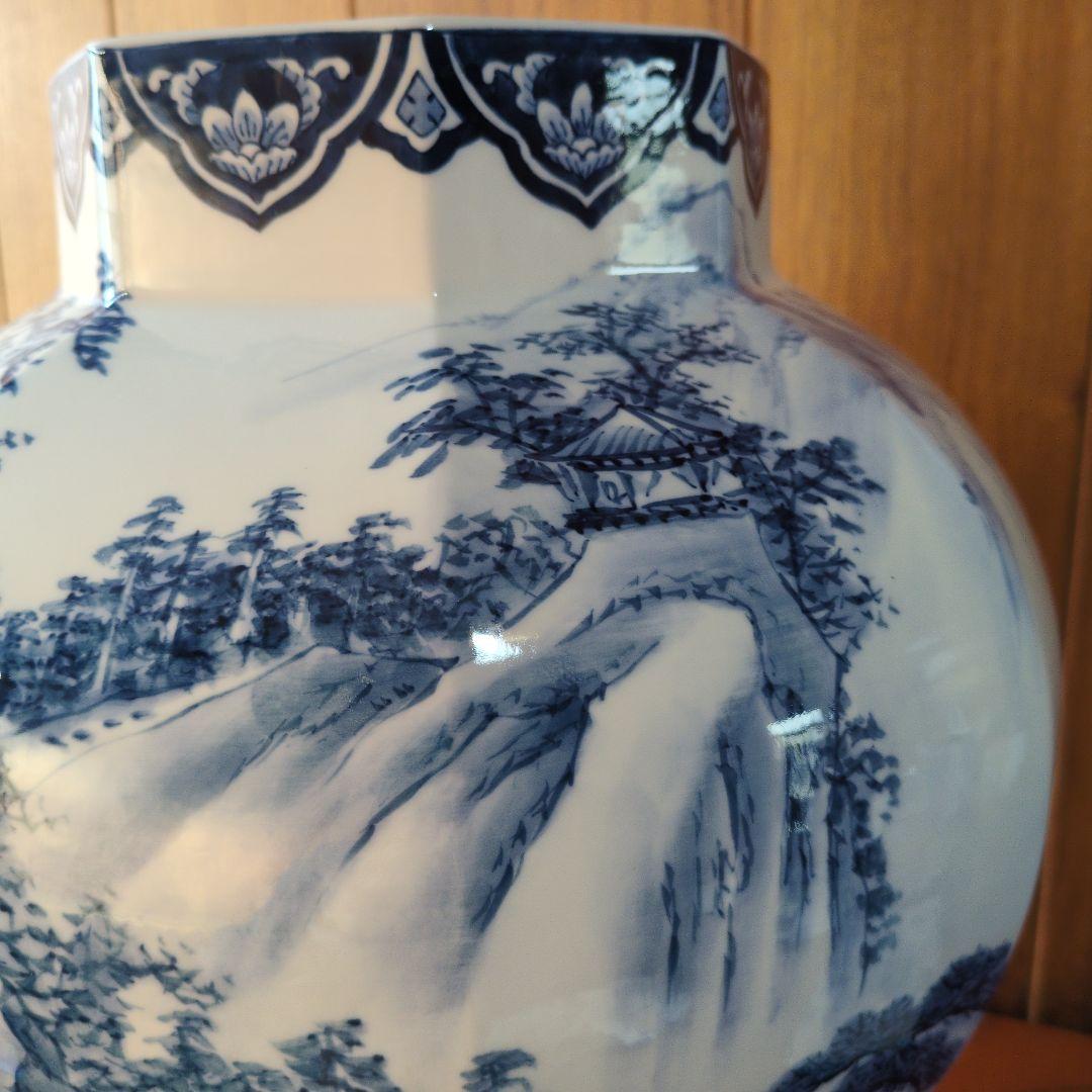 TKです。有田焼 神右衛門　染付山水図 　染付細密絵図花瓶 飾壺 古美術