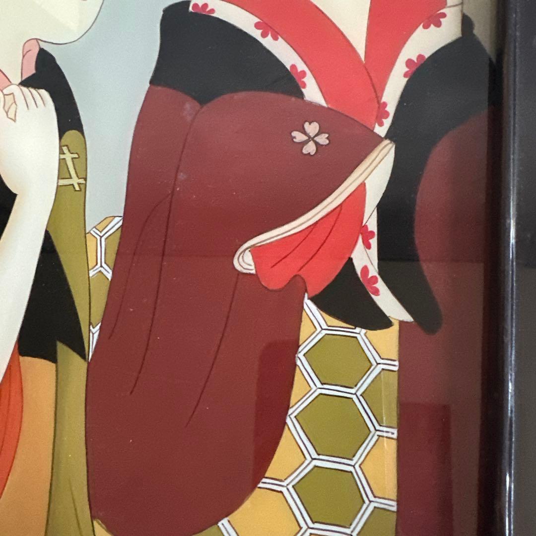 ヴィンテージ　ガラス絵浮世絵 女性の肖像画 木製フレーム付き素敵すぎる‼️