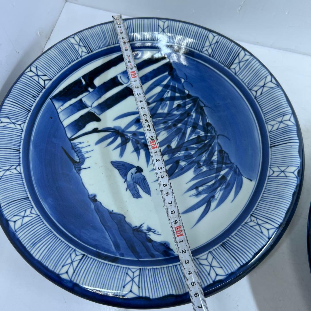 古伊万里 上手染付大皿2枚 木箱付 直径約37㎝ 東Y7-0626②タニチ