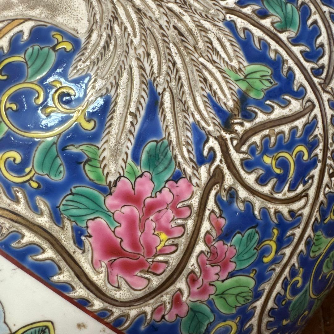 伊万里 十錦手 色絵彩色牡花唐草鳳凰紋 火鉢